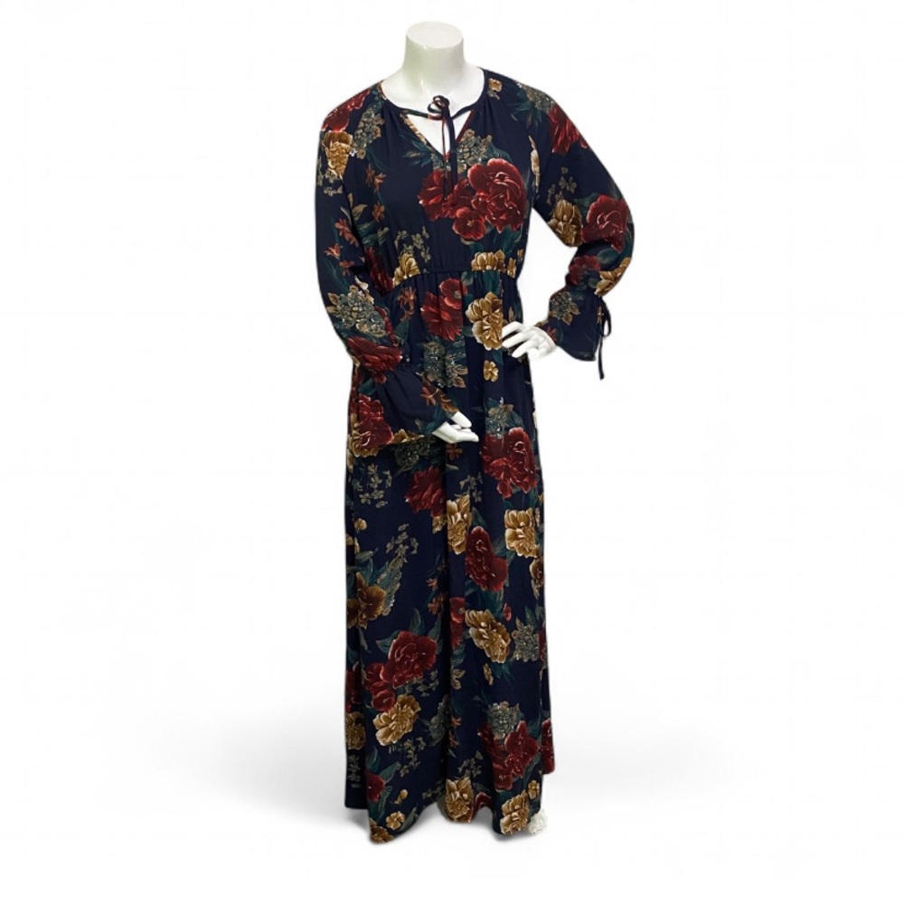 Small Maxi Floral Dress Bohemian Waist Prairie Flare Sleeves Navy Blue NWT